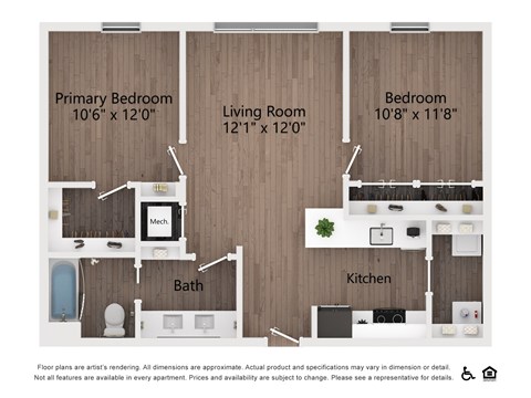 Floor plan for 2 beds, 1 bath, 840 sqft